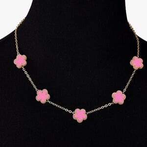 18K Gold Pink Enamel Four Leaf Clover Necklace Lucky Charm Dainty Jewelry Preppy